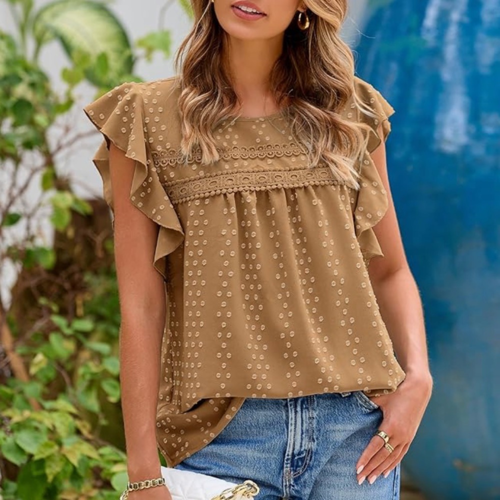 Chic Nation Tan Ruffle Sleeve Blouse